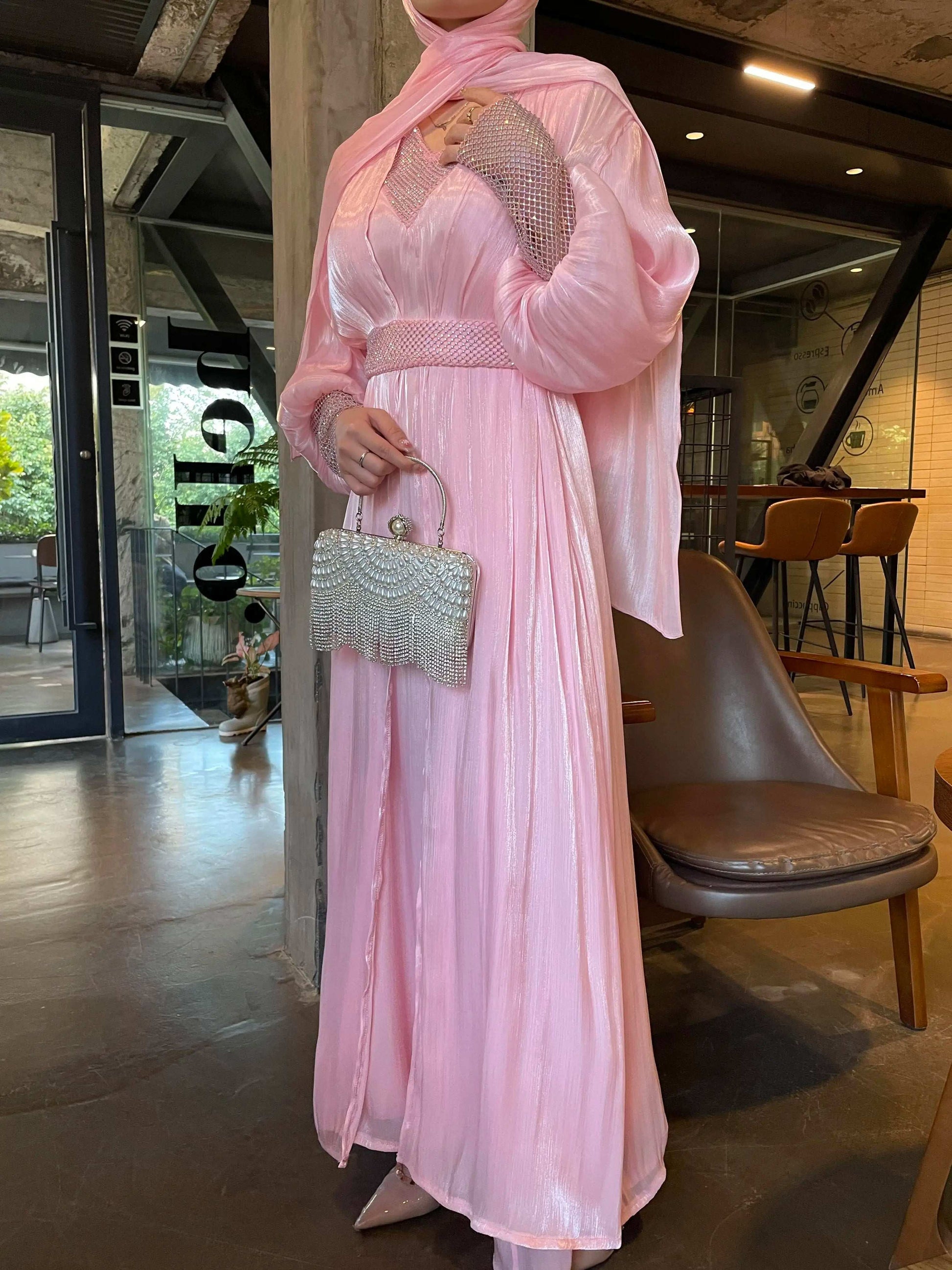 Luxury 4 PC Shiny Organza Abaya Set - Brown