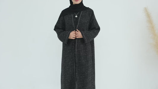 Tweed Open Abaya Coat - Beige